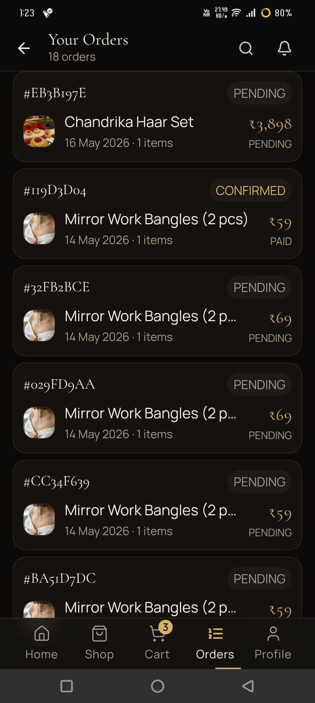 Customer order history in the app