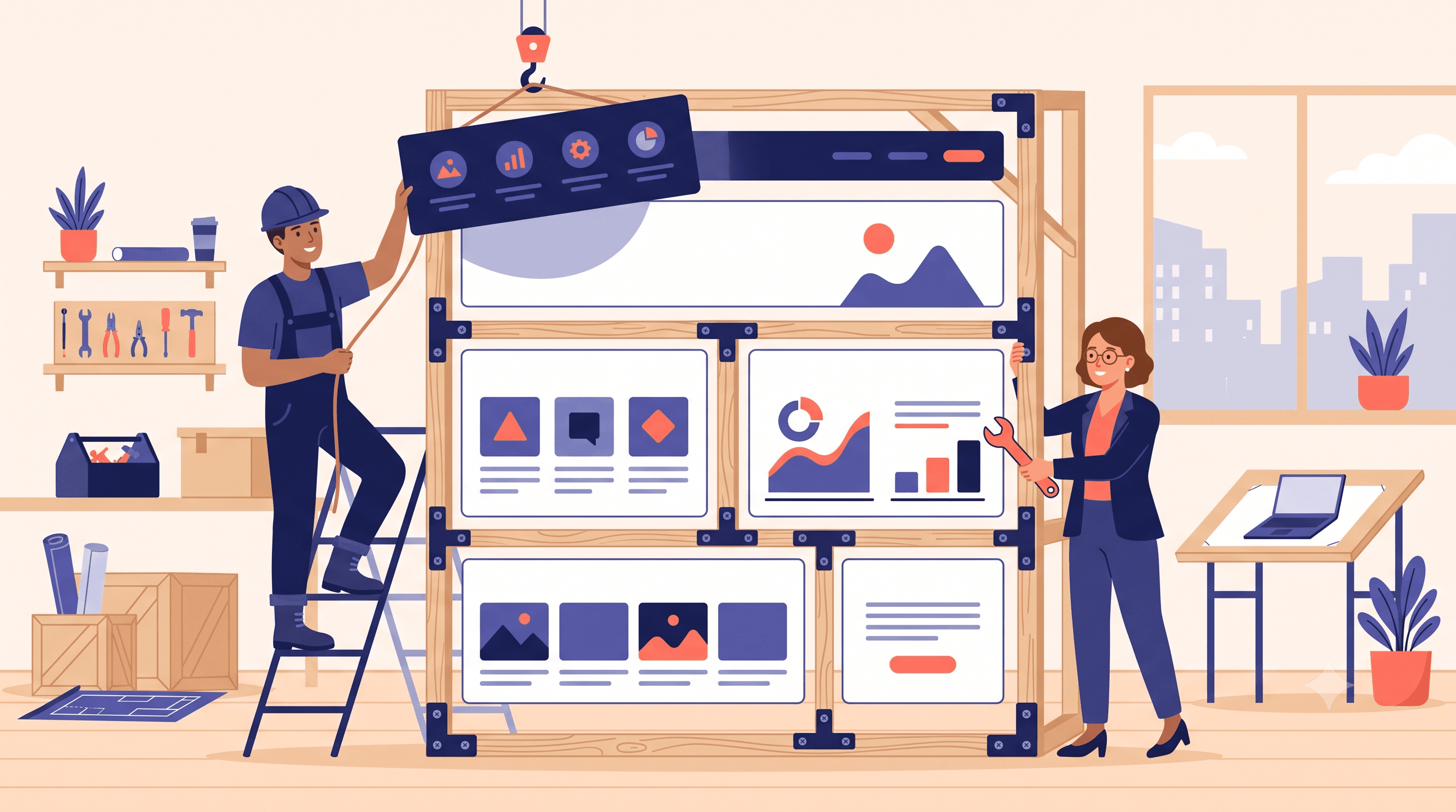 Illustration of a builder and a business owner assembling a website layout together