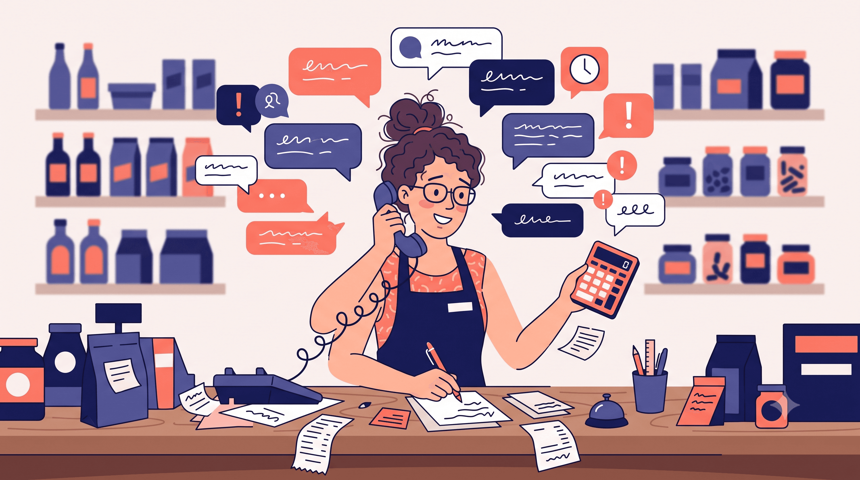 Illustration of a busy shop owner juggling phone calls, notes, and a calculator while chat messages pile up