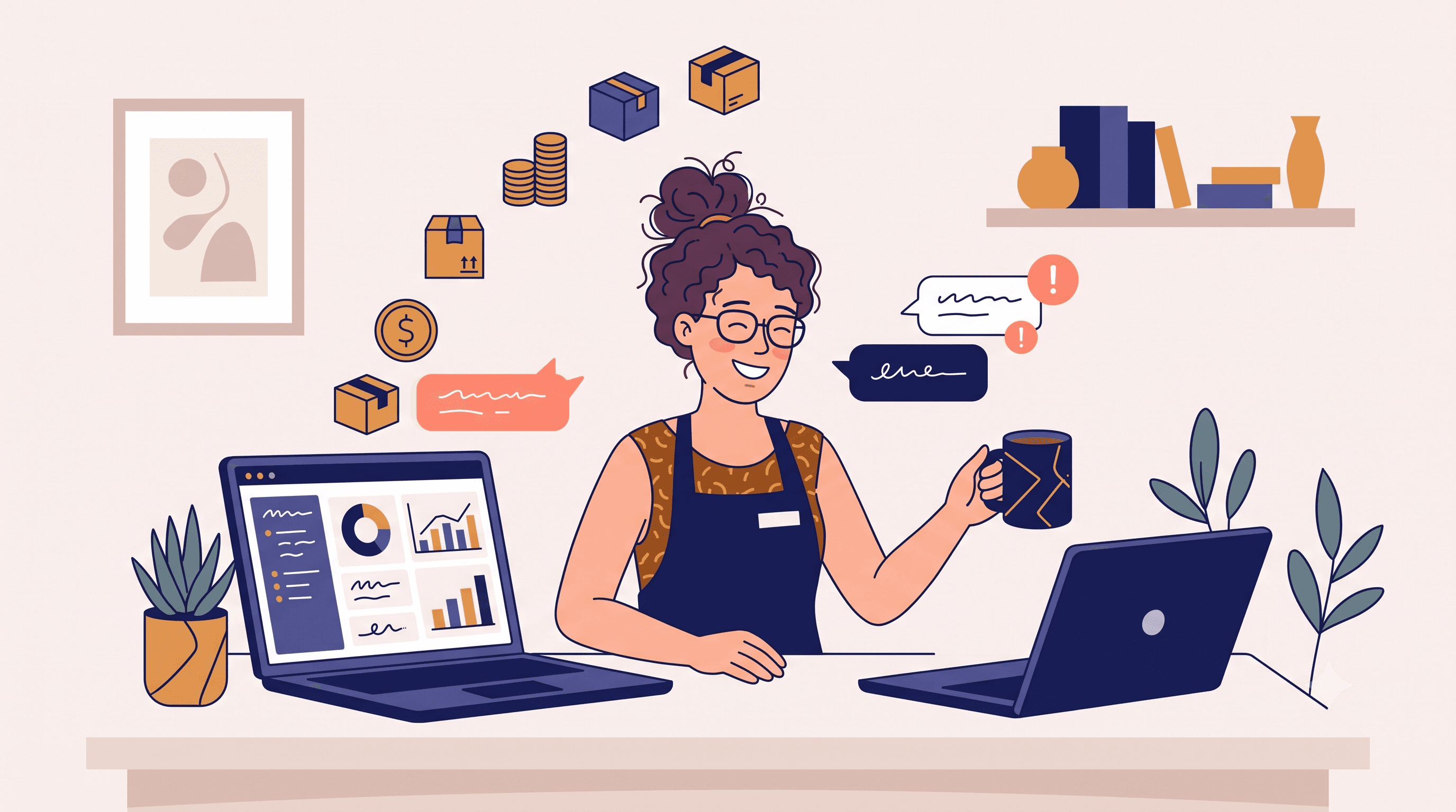 Illustration of a relaxed business owner at one laptop with a tidy dashboard while orders flow in