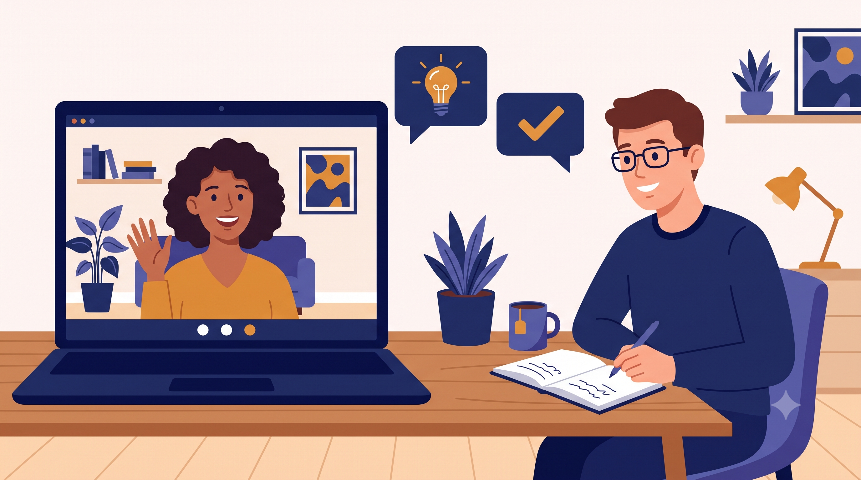 Illustration of two people having a friendly video call about a project